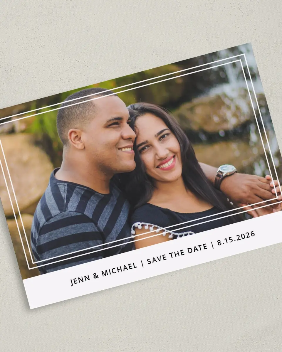 This is a 5" x 7" Save the Date Card called On My Mind printed in full color on Premium Smooth paper