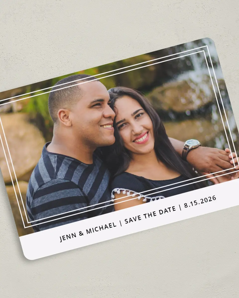 This is a 5" x 7" Save the Date Card called On My Mind printed in full color with Silver foil on Luxe Satin (coated) paper