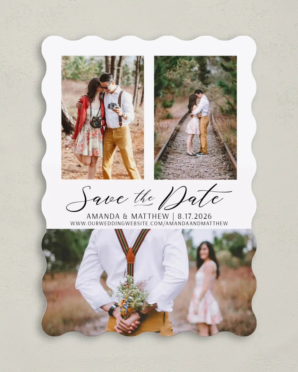 This is a 5" x 7" Save the Date Card called Lost in Love printed in full color on Premium Smooth paper