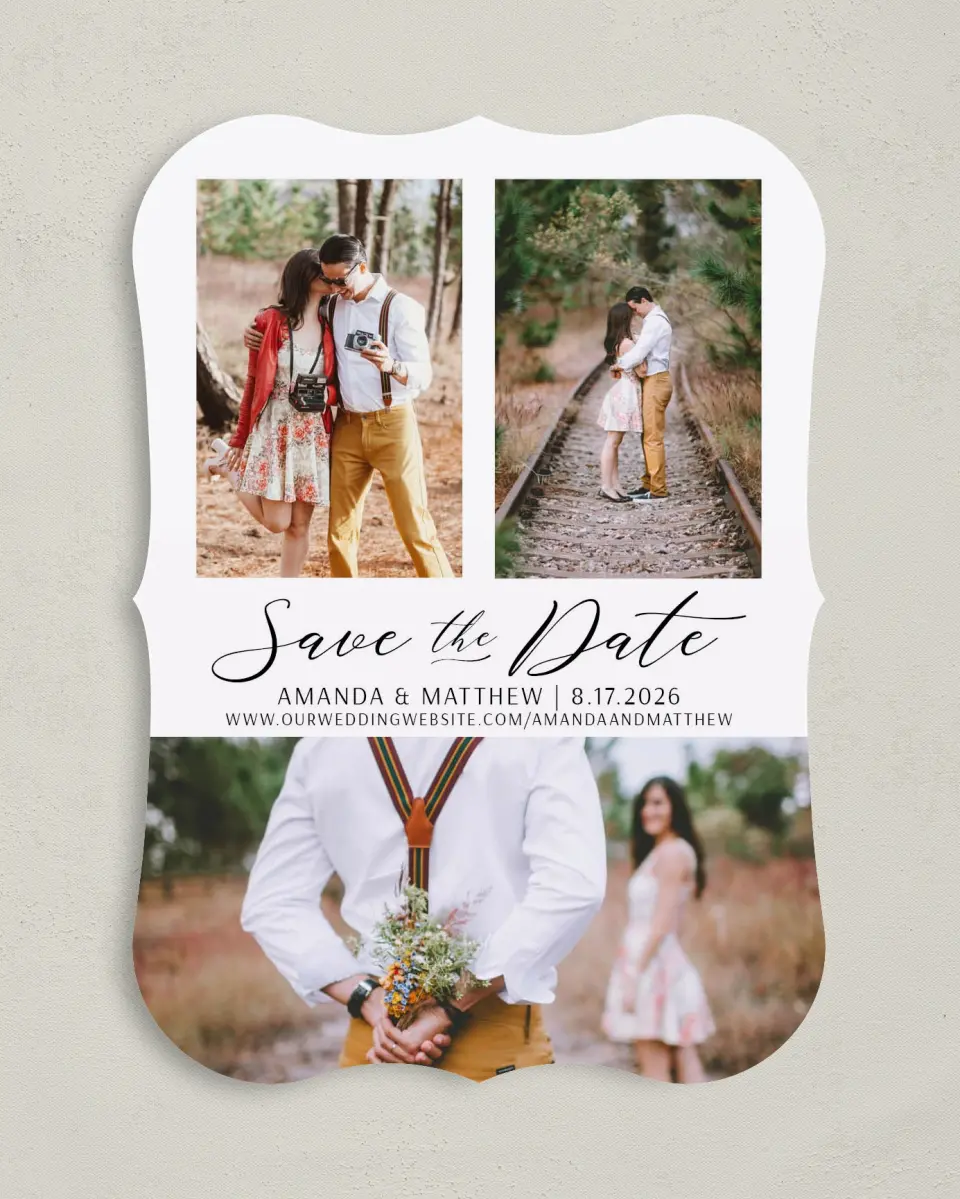 This is a 5" x 7" Save the Date Card called Lost in Love printed in full color on Premium Smooth paper