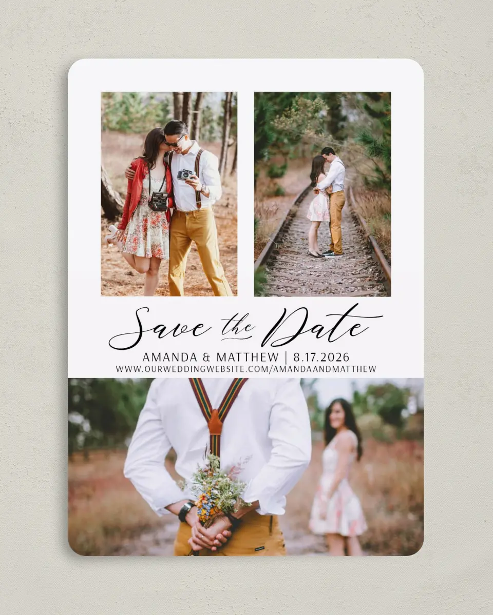 This is a 5" x 7" Save the Date Card called Lost in Love printed in full color with Rose Gold foil on Luxe Satin (coated) paper