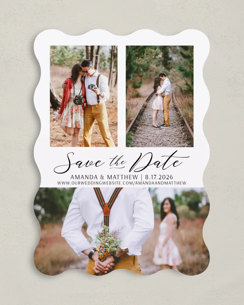 This is a 5" x 7" Save the Date Card called Lost in Love printed in full color on Premium Smooth paper