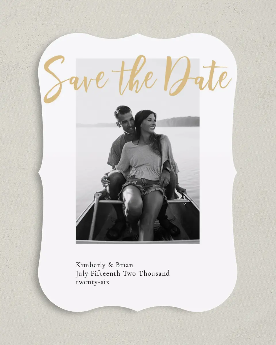 This is a 5" x 7" Save the Date Card called Adjoining Love printed in full color on Premium Smooth paper