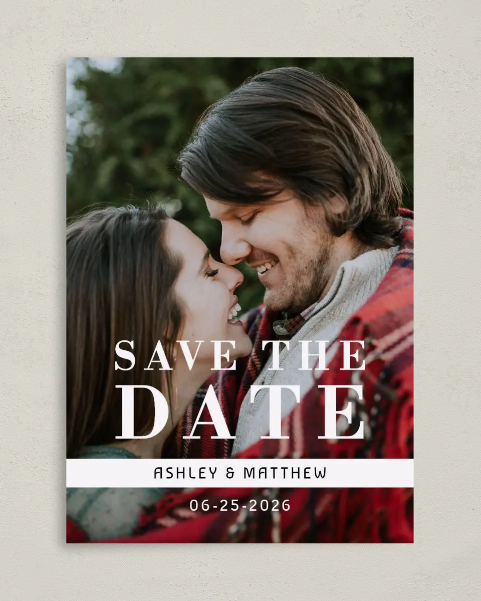 This is a 5" x 7" Save the Date Card called Audacious Love printed in full color on Premium Smooth paper