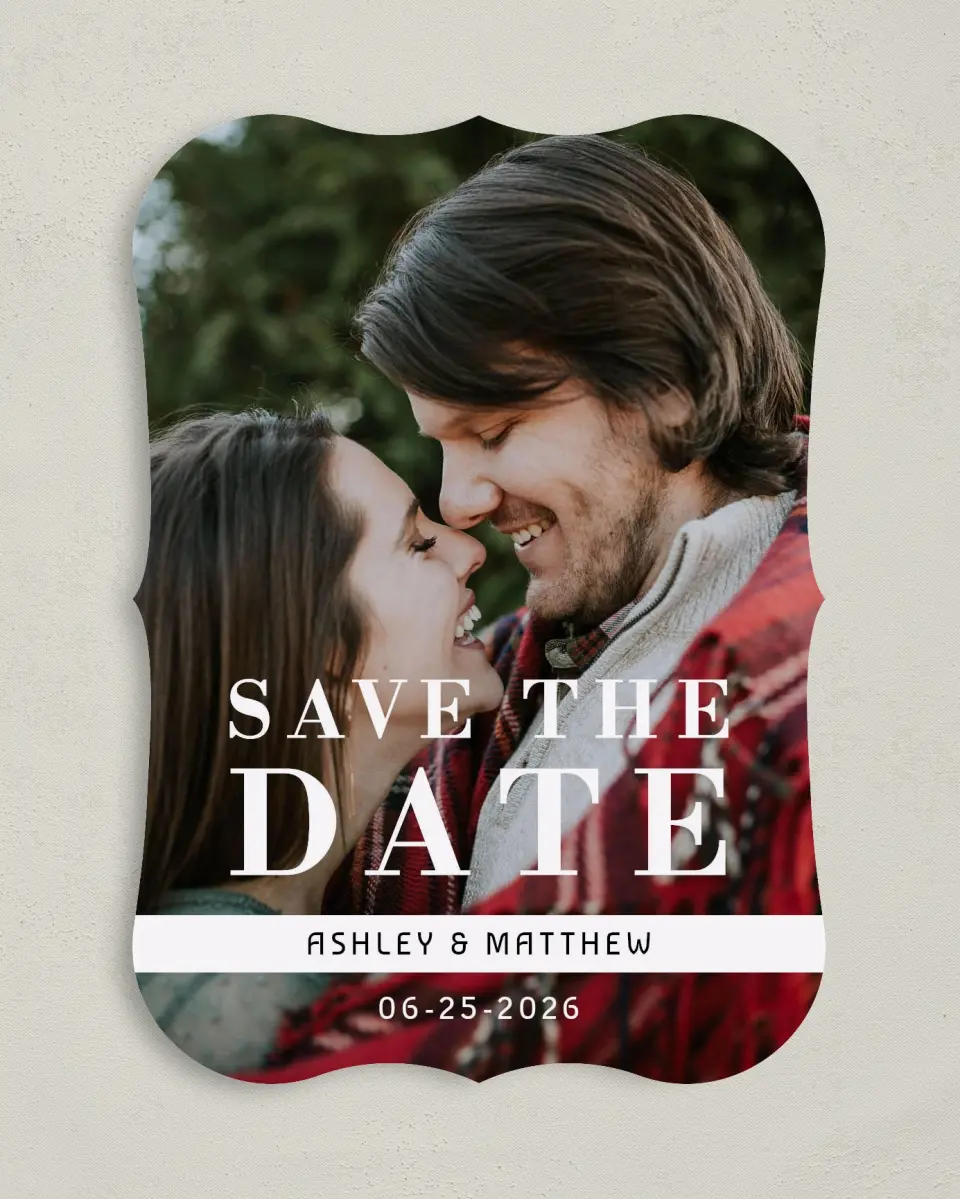 This is a 5" x 7" Save the Date Card called Audacious Love printed in full color on Premium Smooth paper