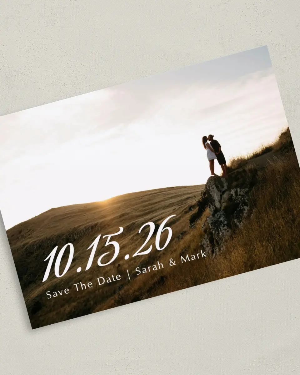 This is a 5" x 7" Save the Date Card called Rustic Diamond printed in full color on Premium Smooth paper