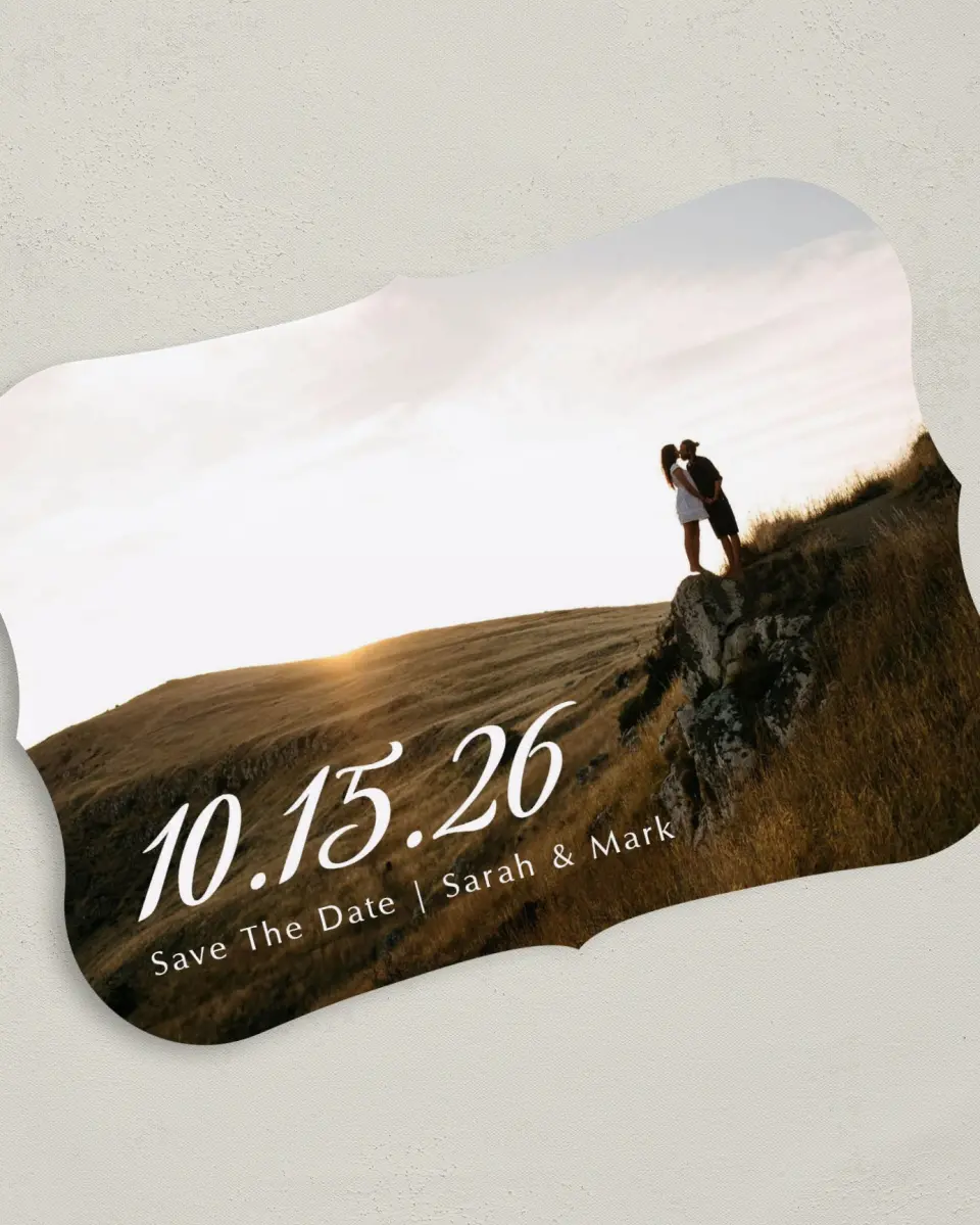 This is a 5" x 7" Save the Date Card called Rustic Diamond printed in full color on Premium Smooth paper