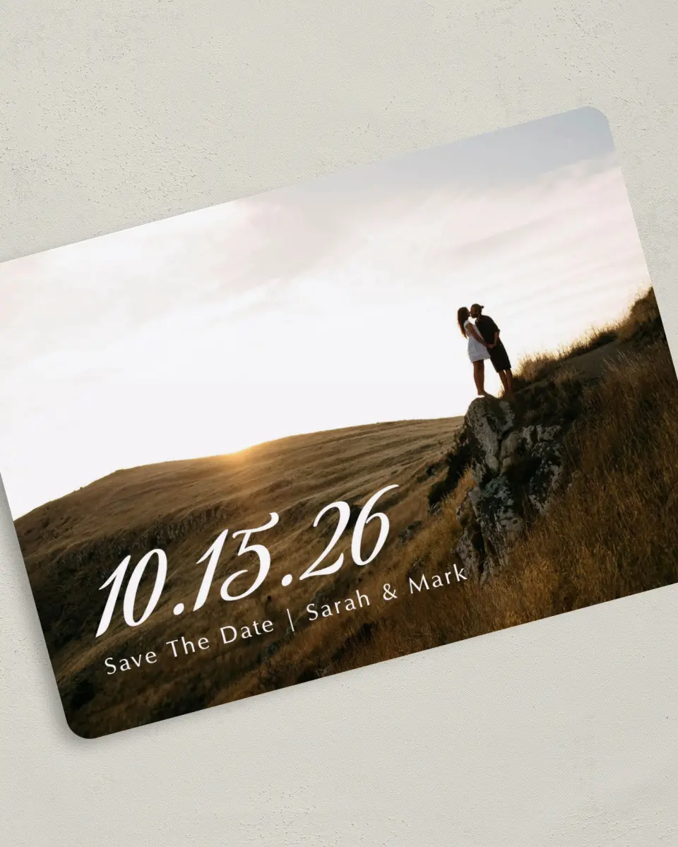 This is a 5" x 7" Save the Date Card called Rustic Diamond printed in full color on Premium Smooth paper