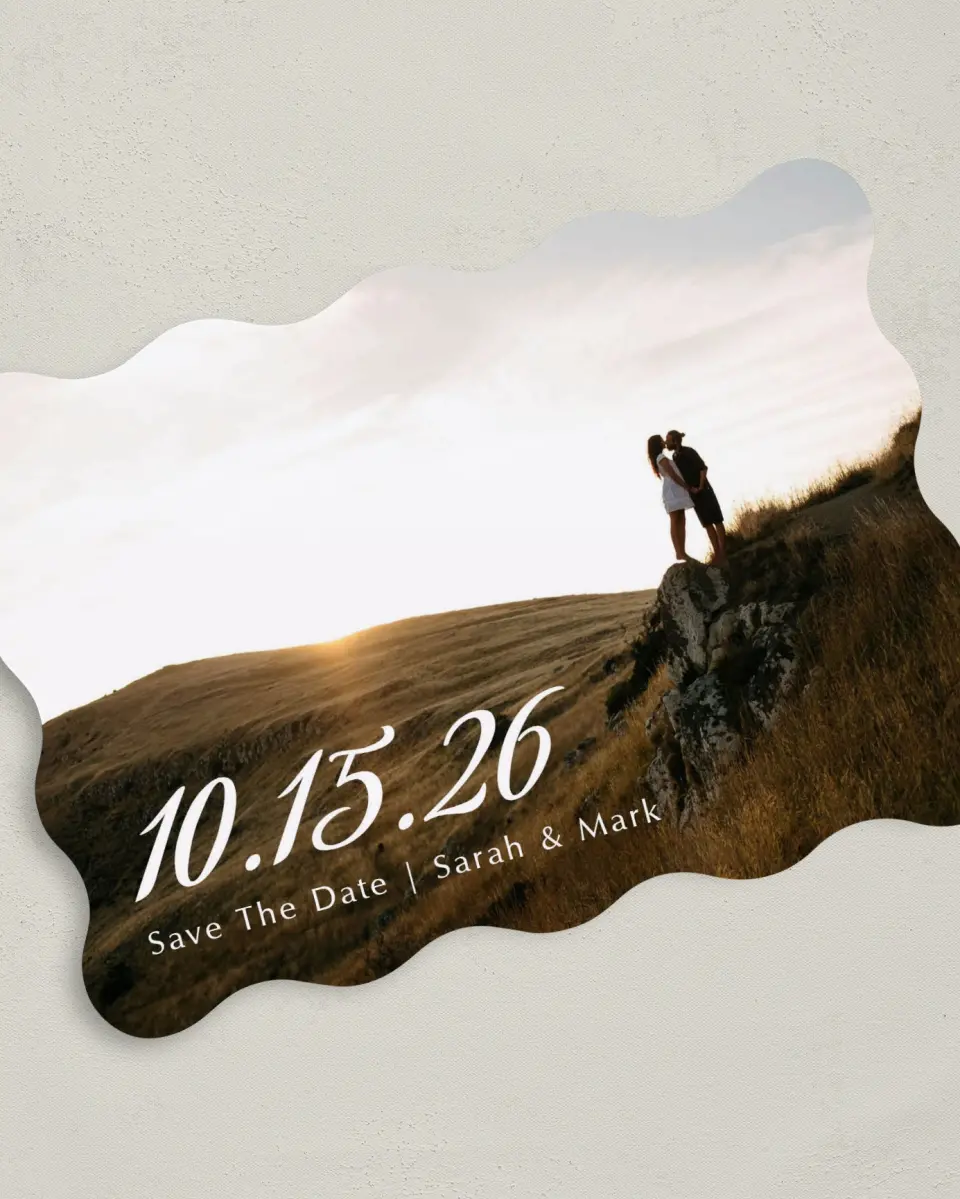 This is a 5" x 7" Save the Date Card called Rustic Diamond printed in full color with Silver foil on Luxe Satin (coated) paper
