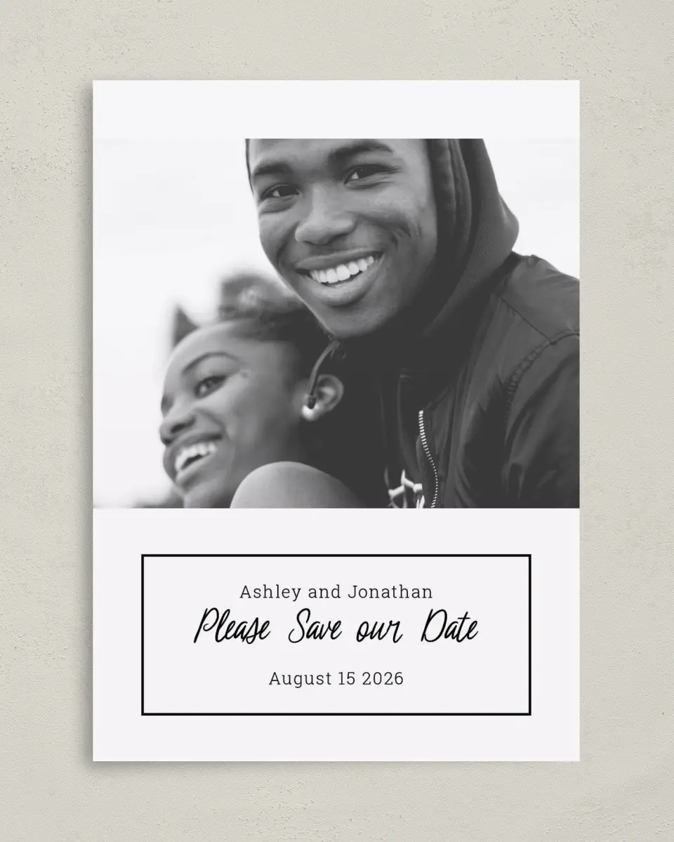This is a 5" x 7" Save the Date Card called Romantic Splash printed in full color on Premium Smooth paper