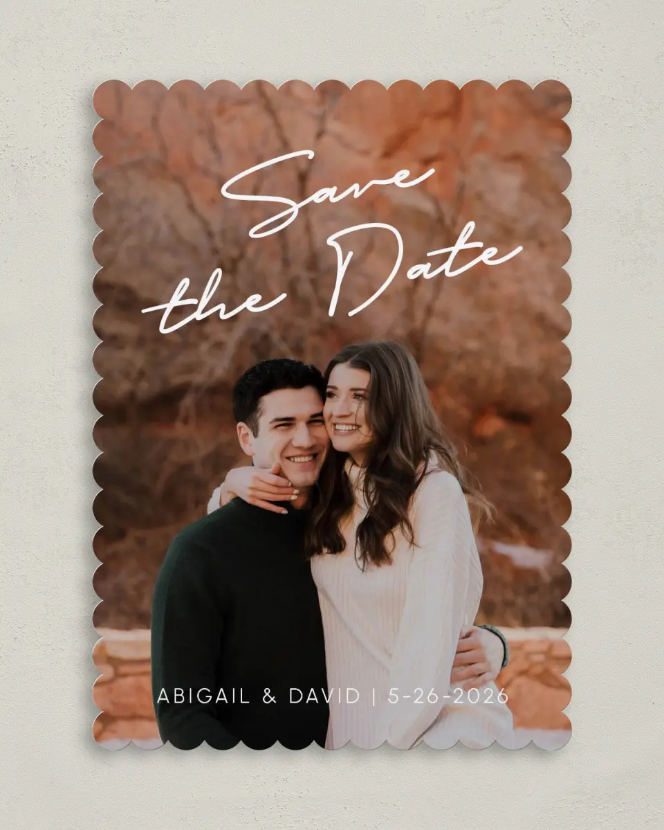 This is a 5" x 7" Save the Date Card called Sunset Vision printed in full color on Premium Smooth paper