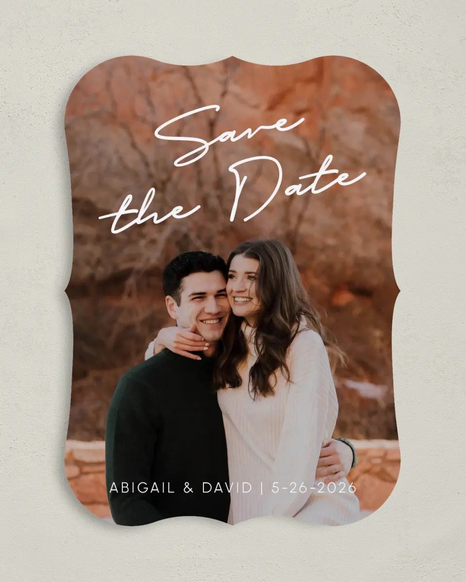 This is a 5" x 7" Save the Date Card called Sunset Vision printed in full color on Premium Smooth paper