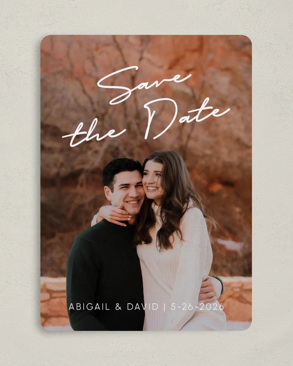 This is a 5" x 7" Save the Date Card called Sunset Vision printed in full color with Silver foil on Luxe Satin (coated) paper