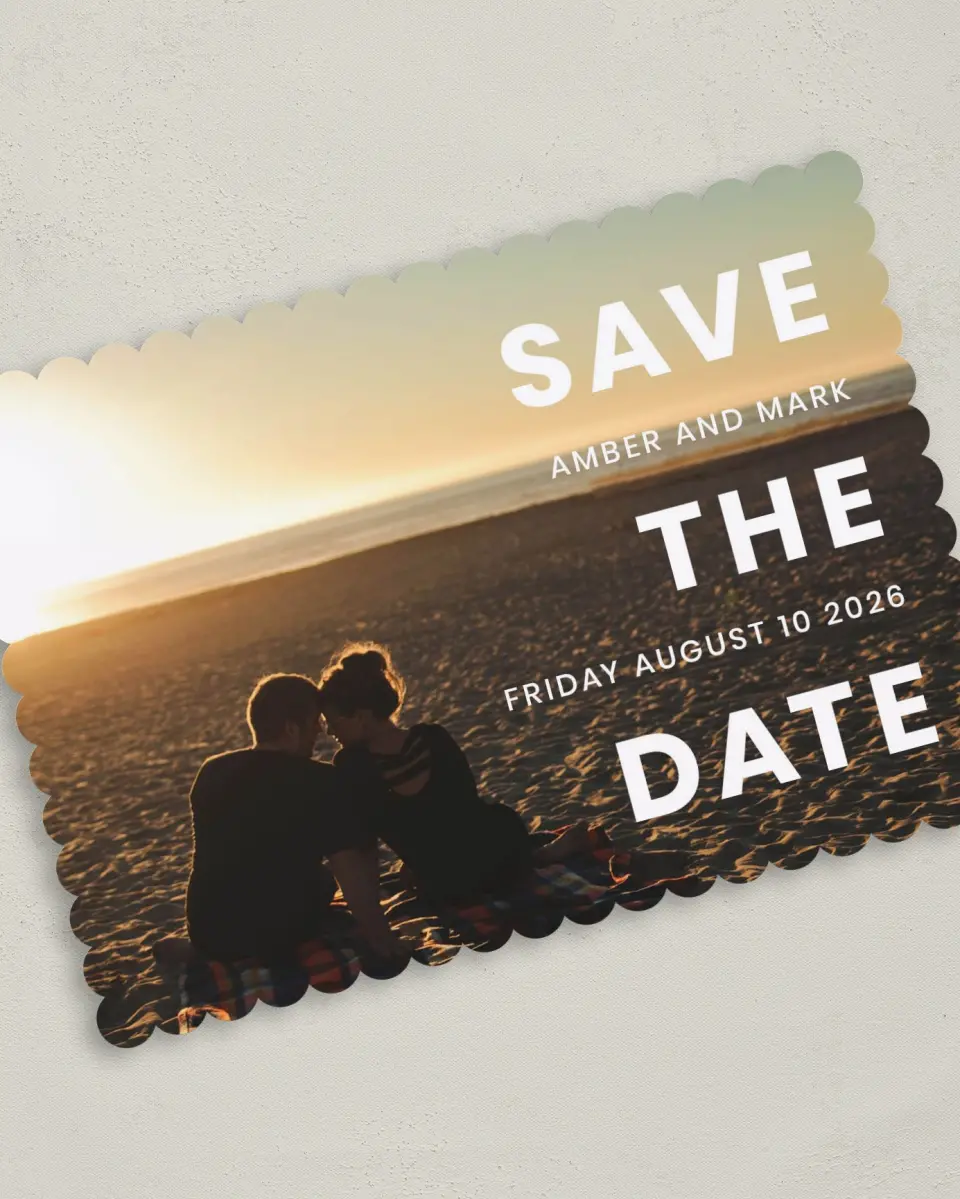 This is a 5" x 7" Save the Date Card called Dusk Beauty printed in full color with Silver foil on Luxe Satin (coated) paper