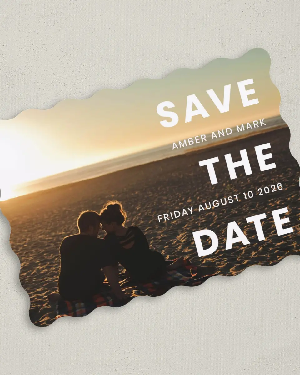 This is a 5" x 7" Save the Date Card called Dusk Beauty printed in full color on Premium Smooth paper