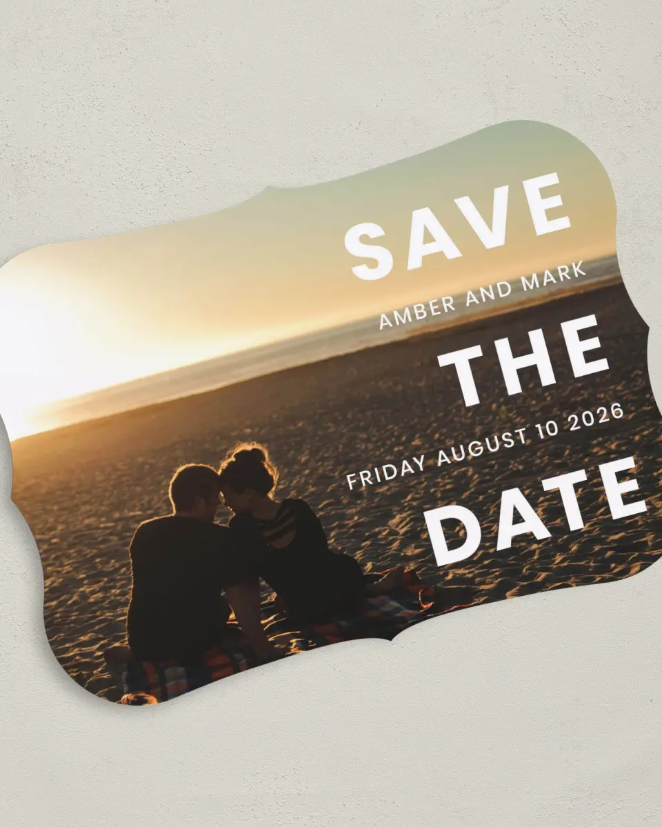 This is a 5" x 7" Save the Date Card called Dusk Beauty printed in full color on Premium Smooth paper
