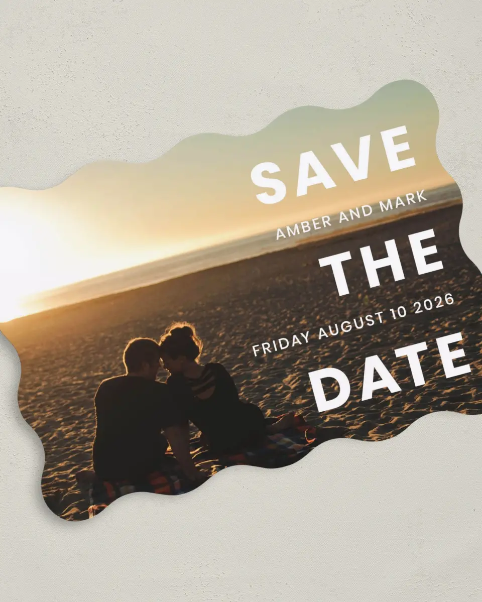 This is a 5" x 7" Save the Date Card called Dusk Beauty printed in full color on Premium Smooth paper
