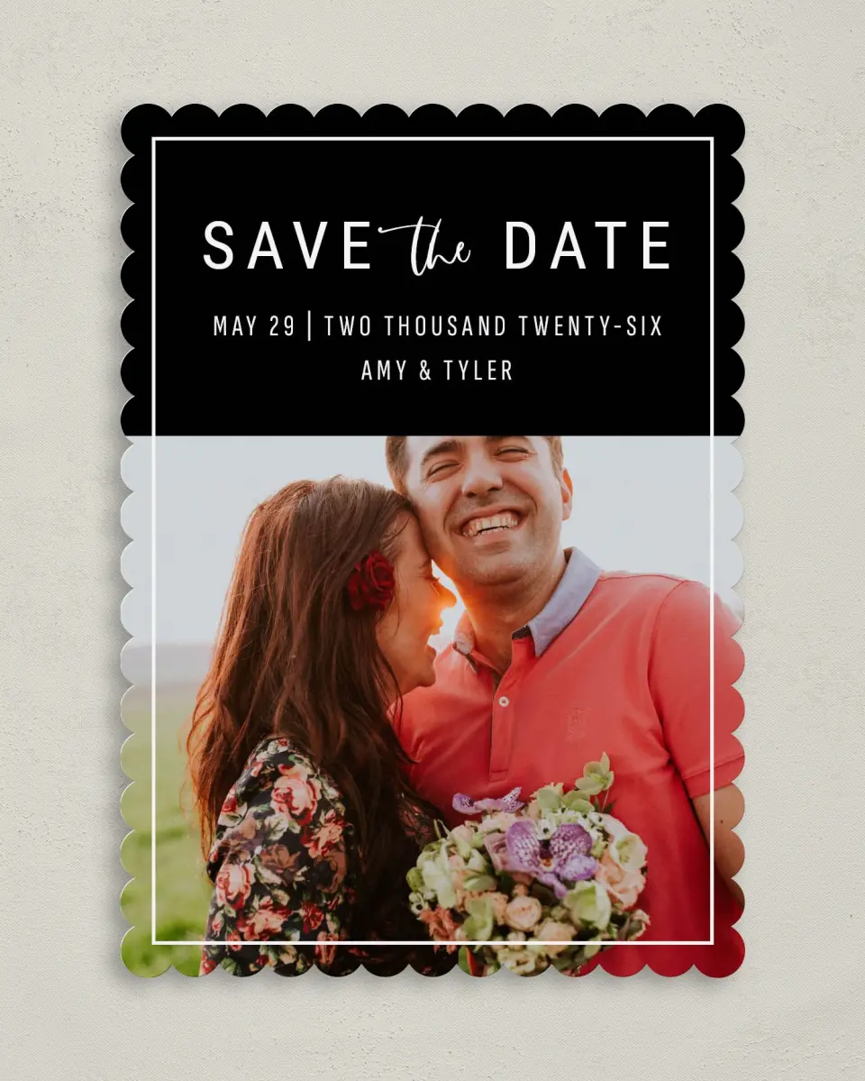 This is a 5" x 7" Save the Date Card called Bold & Daring printed in full color with Silver foil on Luxe Satin (coated) paper
