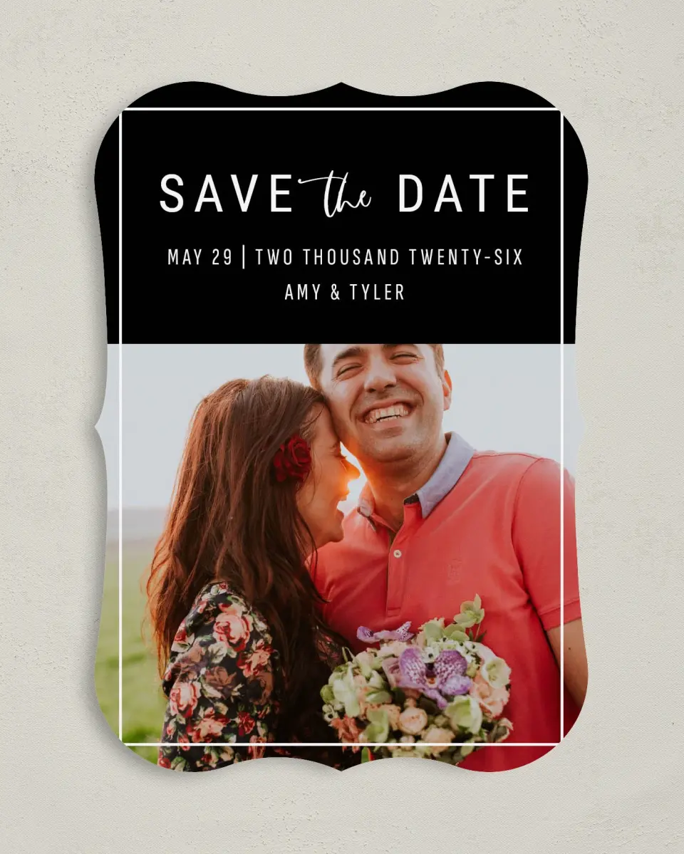This is a 5" x 7" Save the Date Card called Bold & Daring printed in full color on Premium Smooth paper