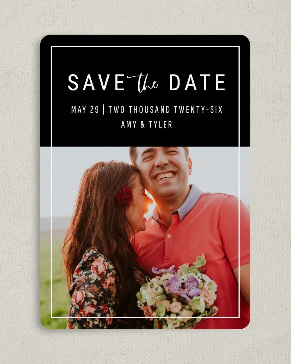 This is a 5" x 7" Save the Date Card called Bold & Daring printed in full color on Premium Smooth paper