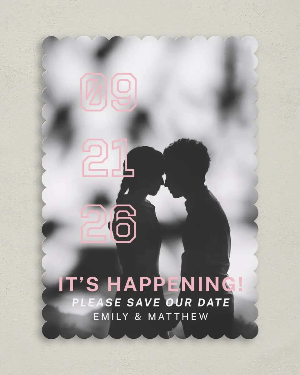 This is a 5" x 7" Save the Date Card called It's Happening! printed in full color on Premium Smooth paper