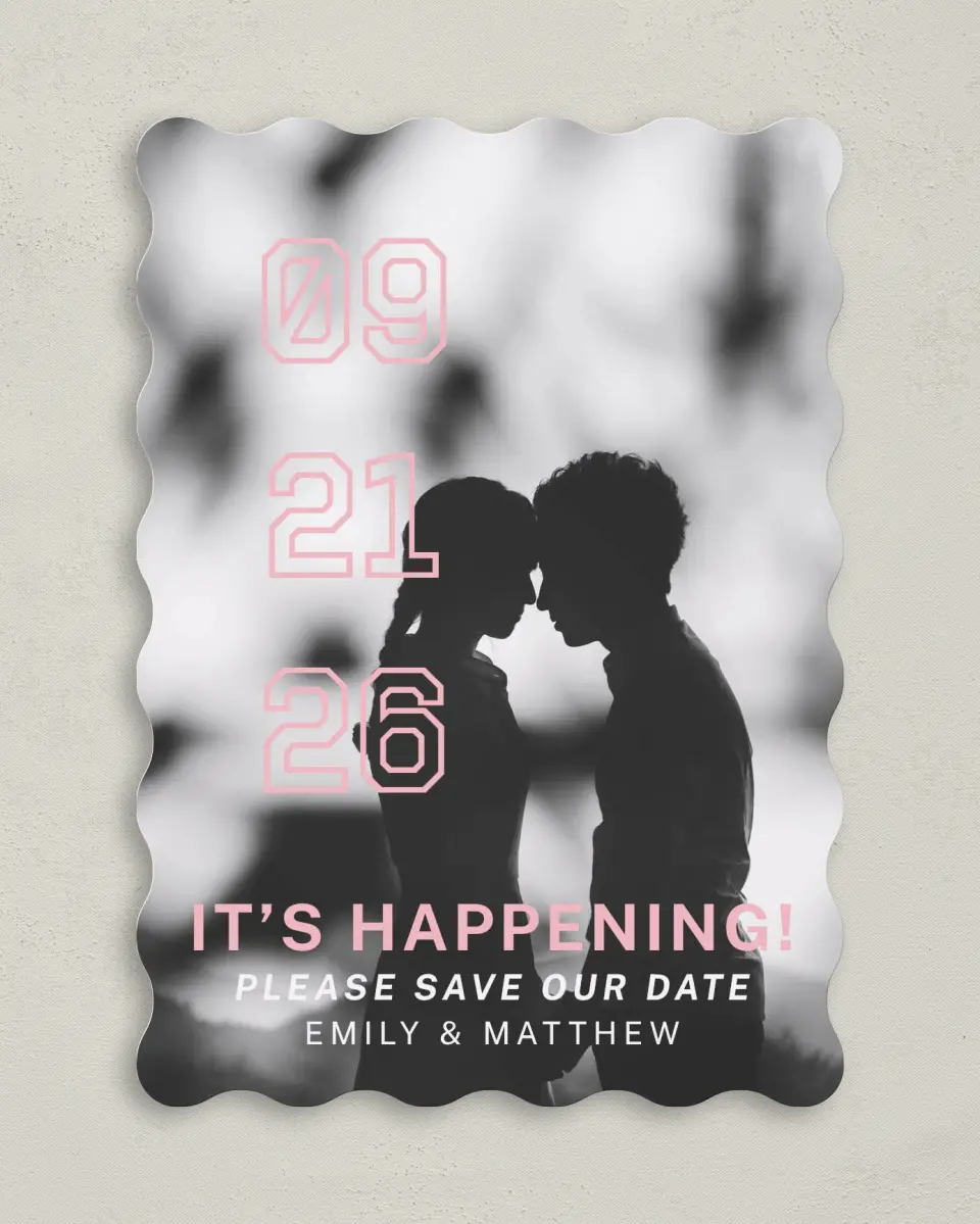 This is a 5" x 7" Save the Date Card called It's Happening! printed in full color on Premium Smooth paper