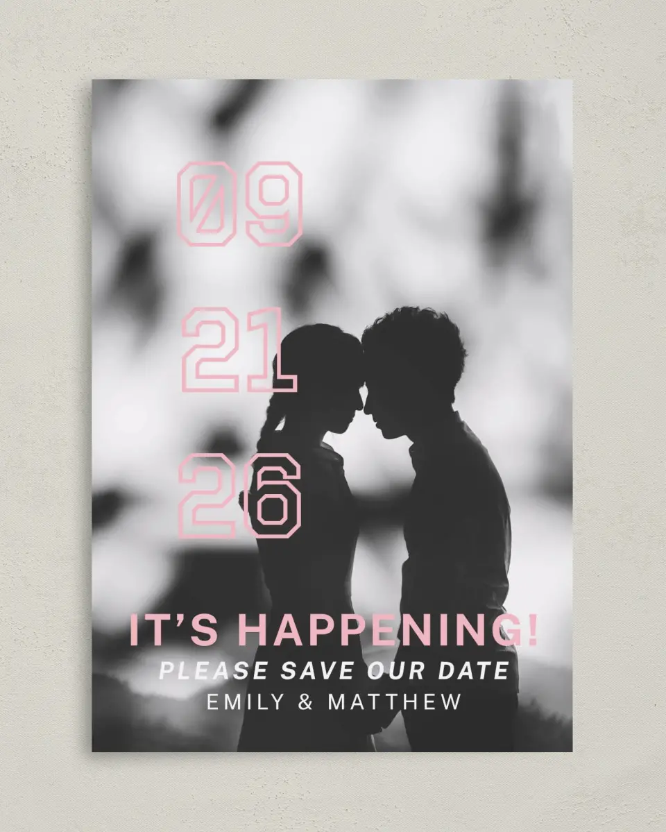 This is a 5" x 7" Save the Date Card called It's Happening! printed in full color on Premium Smooth paper
