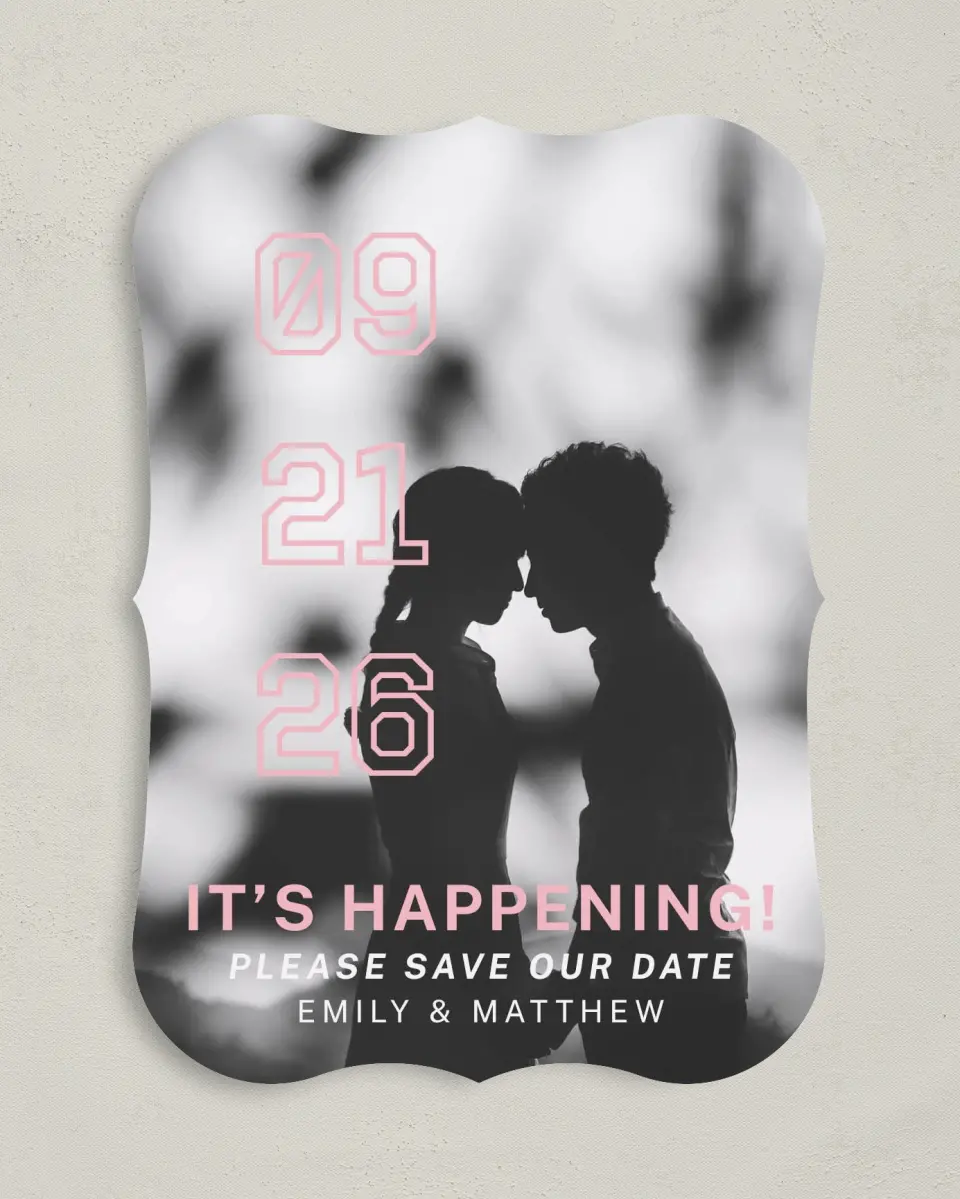This is a 5" x 7" Save the Date Card called It's Happening! printed in full color on Premium Smooth paper