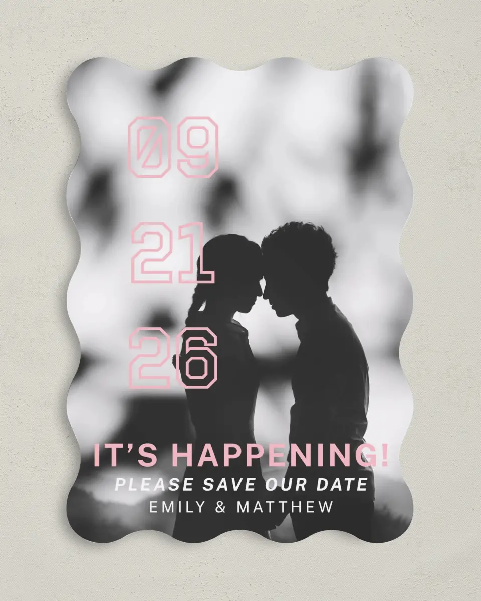 This is a 5" x 7" Save the Date Card called It's Happening! printed in full color on Premium Smooth paper