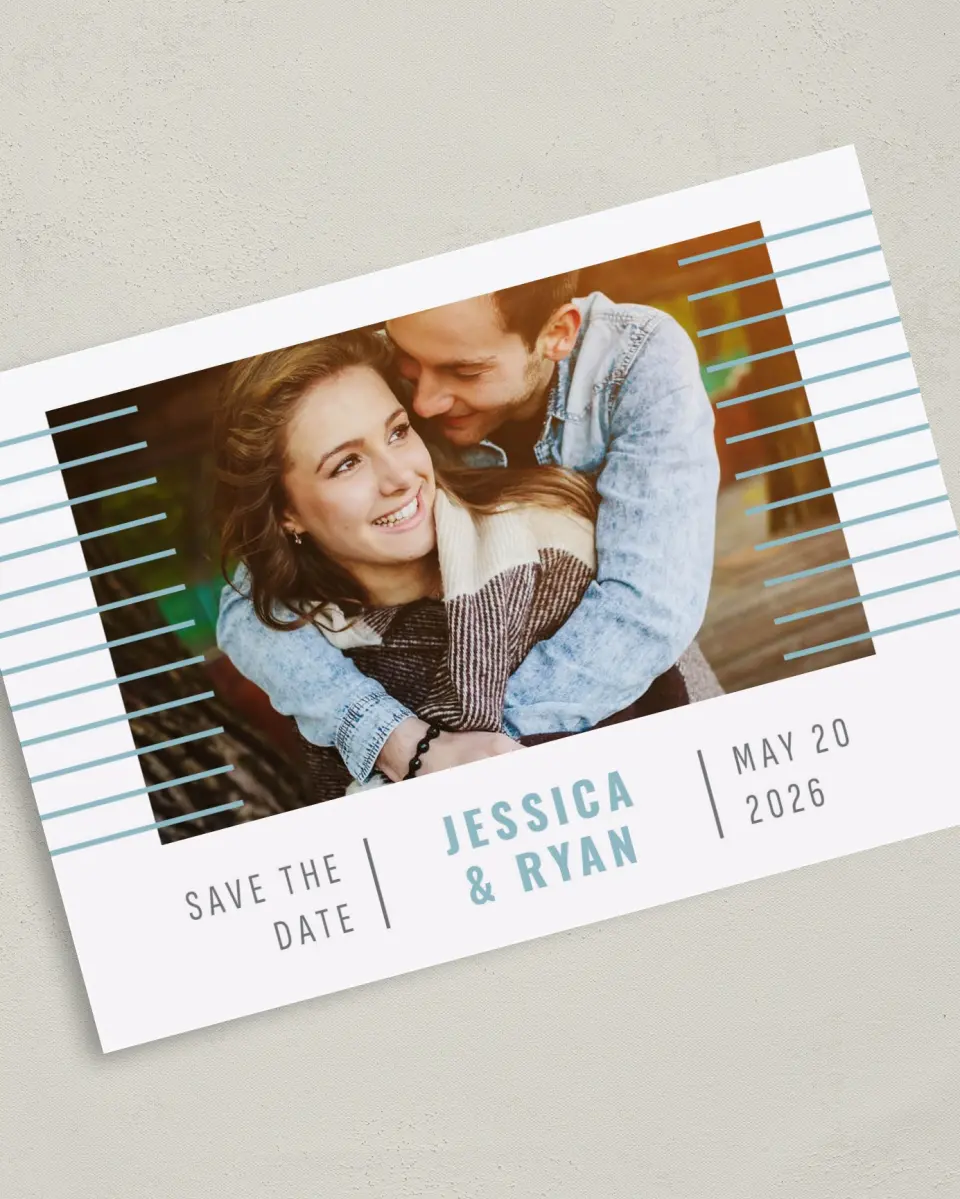 This is a 5" x 7" Save the Date Card called Luxe Lines printed in full color on Premium Smooth paper