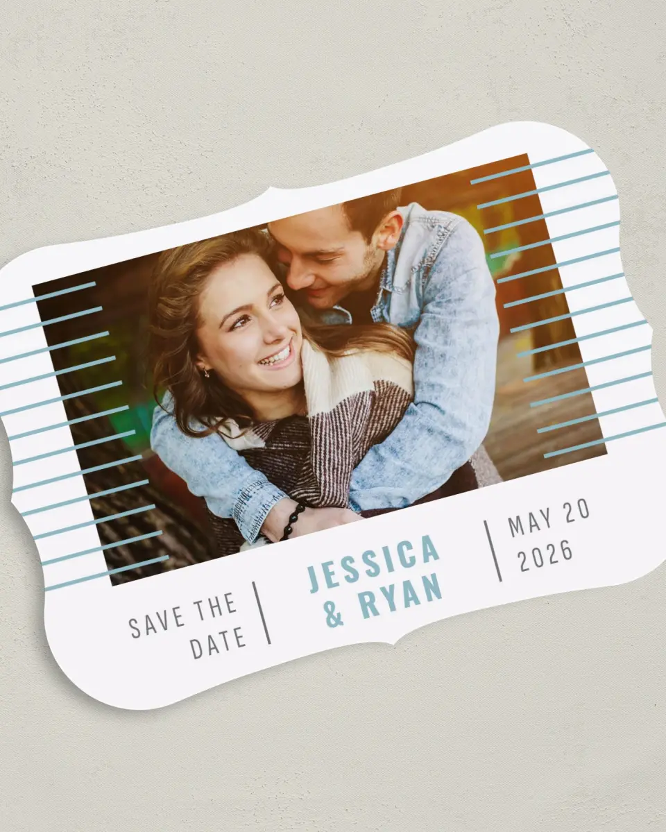 This is a 5" x 7" Save the Date Card called Luxe Lines printed in full color on Premium Smooth paper