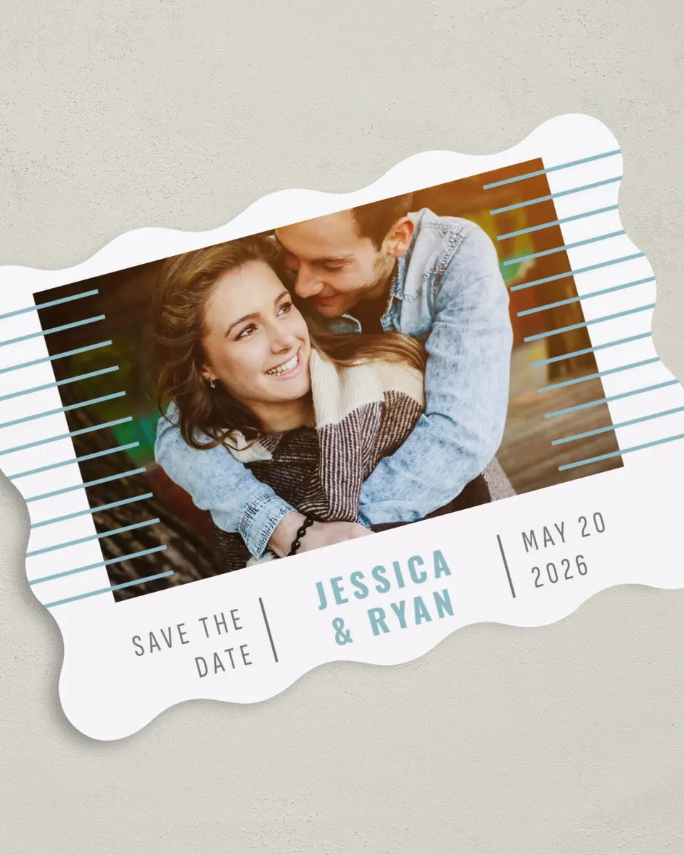 This is a 5" x 7" Save the Date Card called Luxe Lines printed in full color on Premium Smooth paper