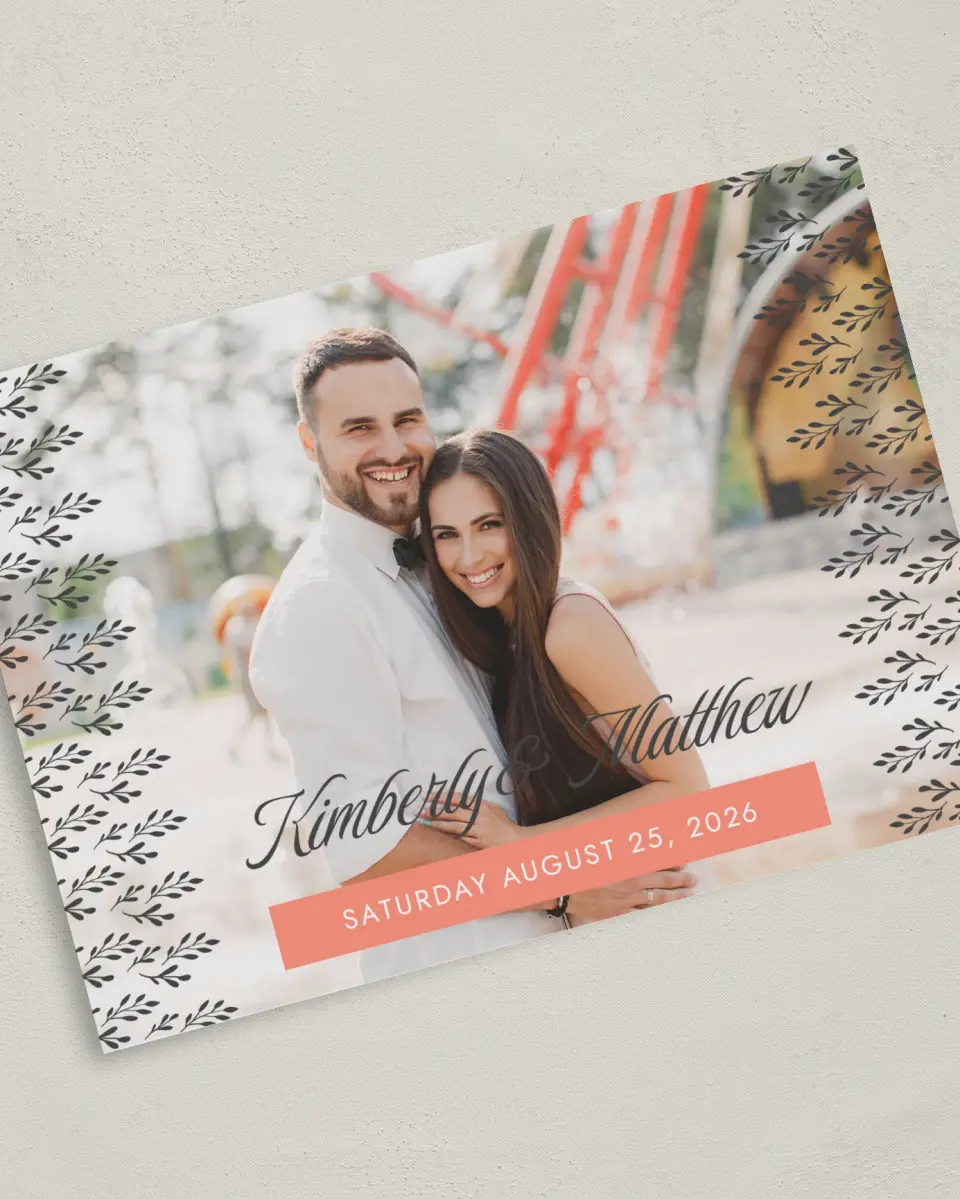 This is a 5" x 7" Save the Date Card called Fancy Foliage printed in full color on Premium Smooth paper