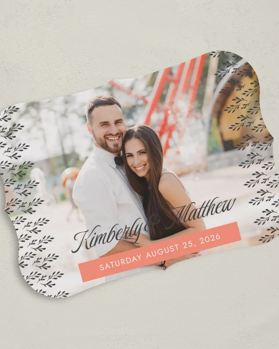 This is a 5" x 7" Save the Date Card called Fancy Foliage printed in full color on Premium Smooth paper