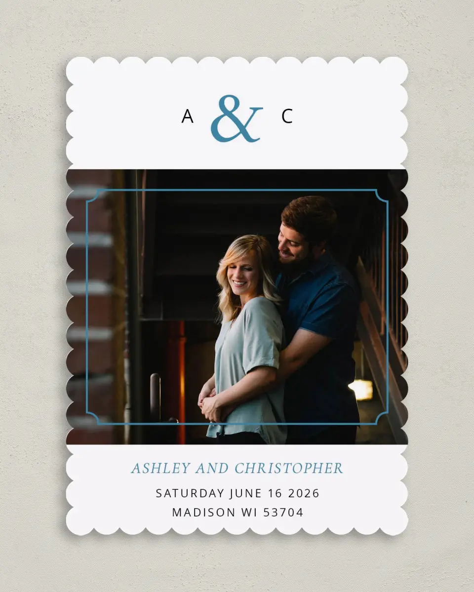 This is a 5" x 7" Save the Date Card called Gilded Ampersand printed in full color on Premium Smooth paper