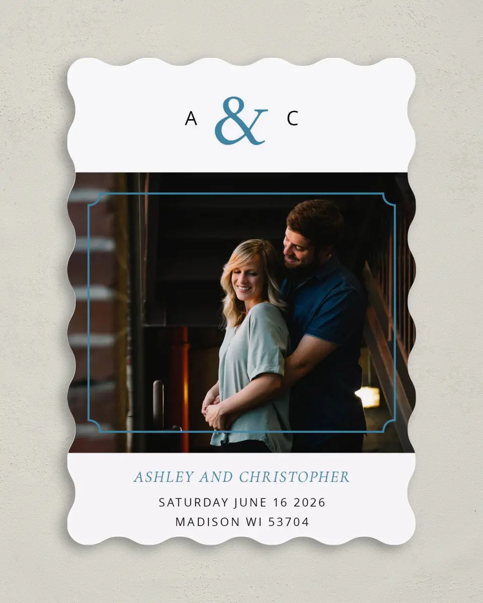 This is a 5" x 7" Save the Date Card called Gilded Ampersand printed in full color on Premium Smooth paper