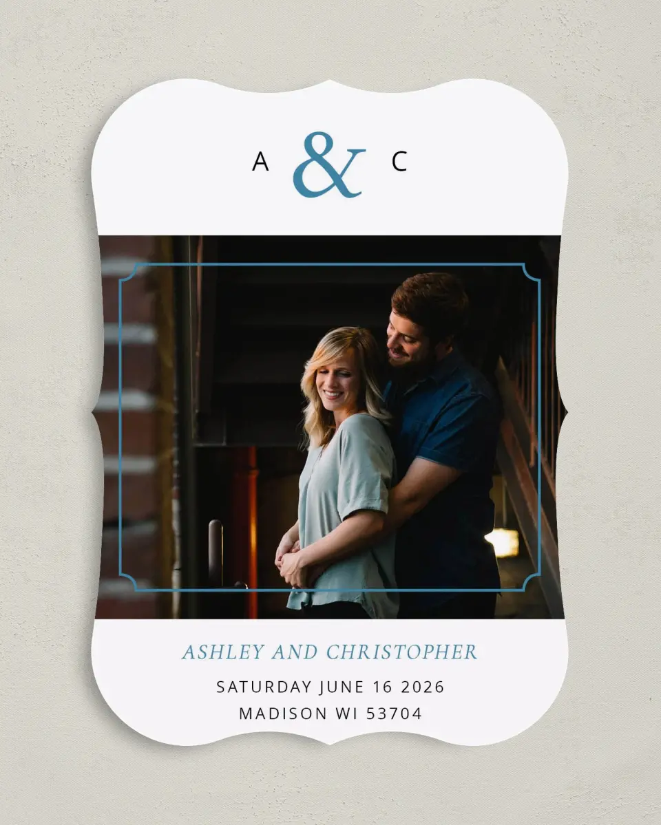 This is a 5" x 7" Save the Date Card called Gilded Ampersand printed in full color on Premium Smooth paper
