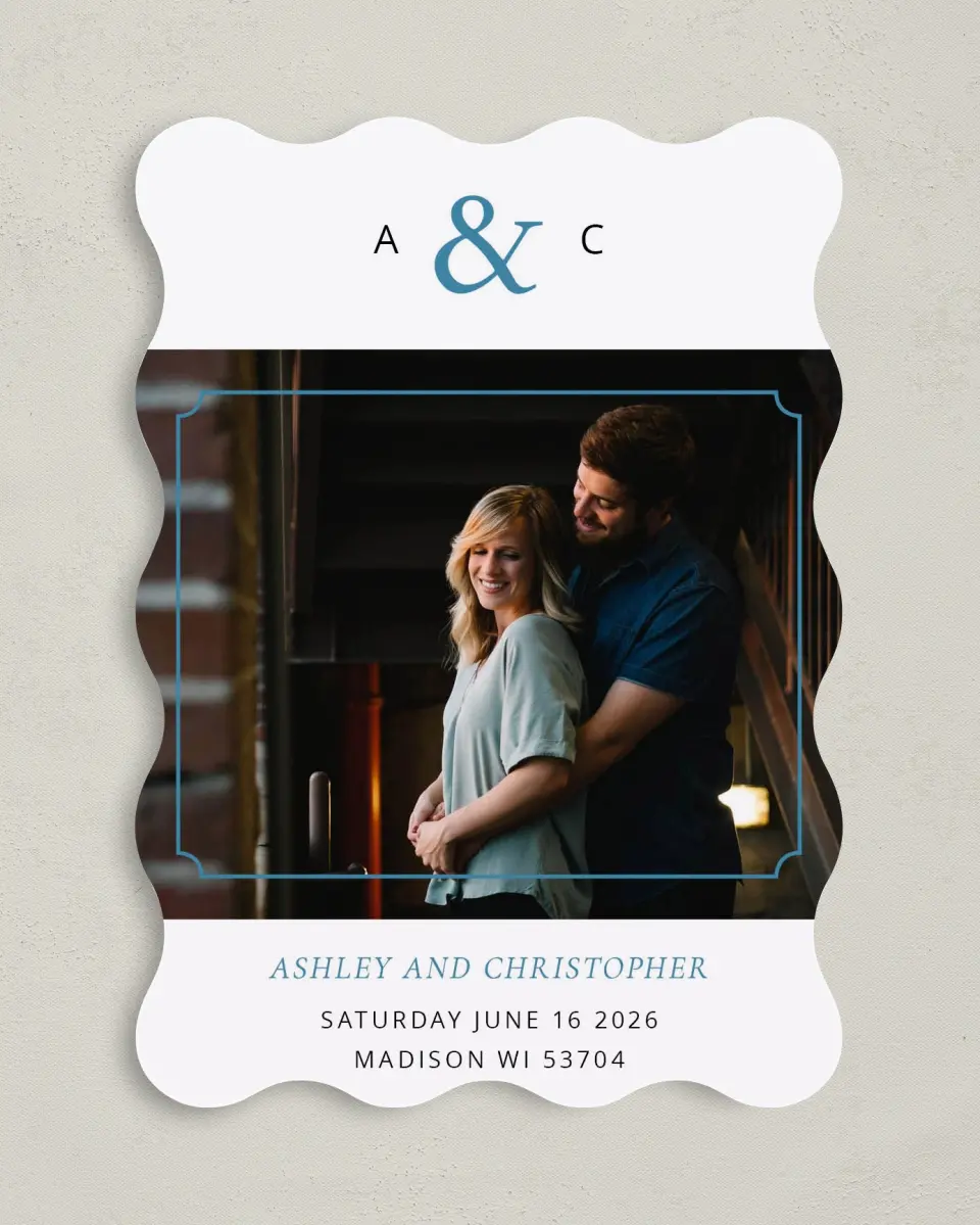 This is a 5" x 7" Save the Date Card called Gilded Ampersand printed in full color on Premium Smooth paper