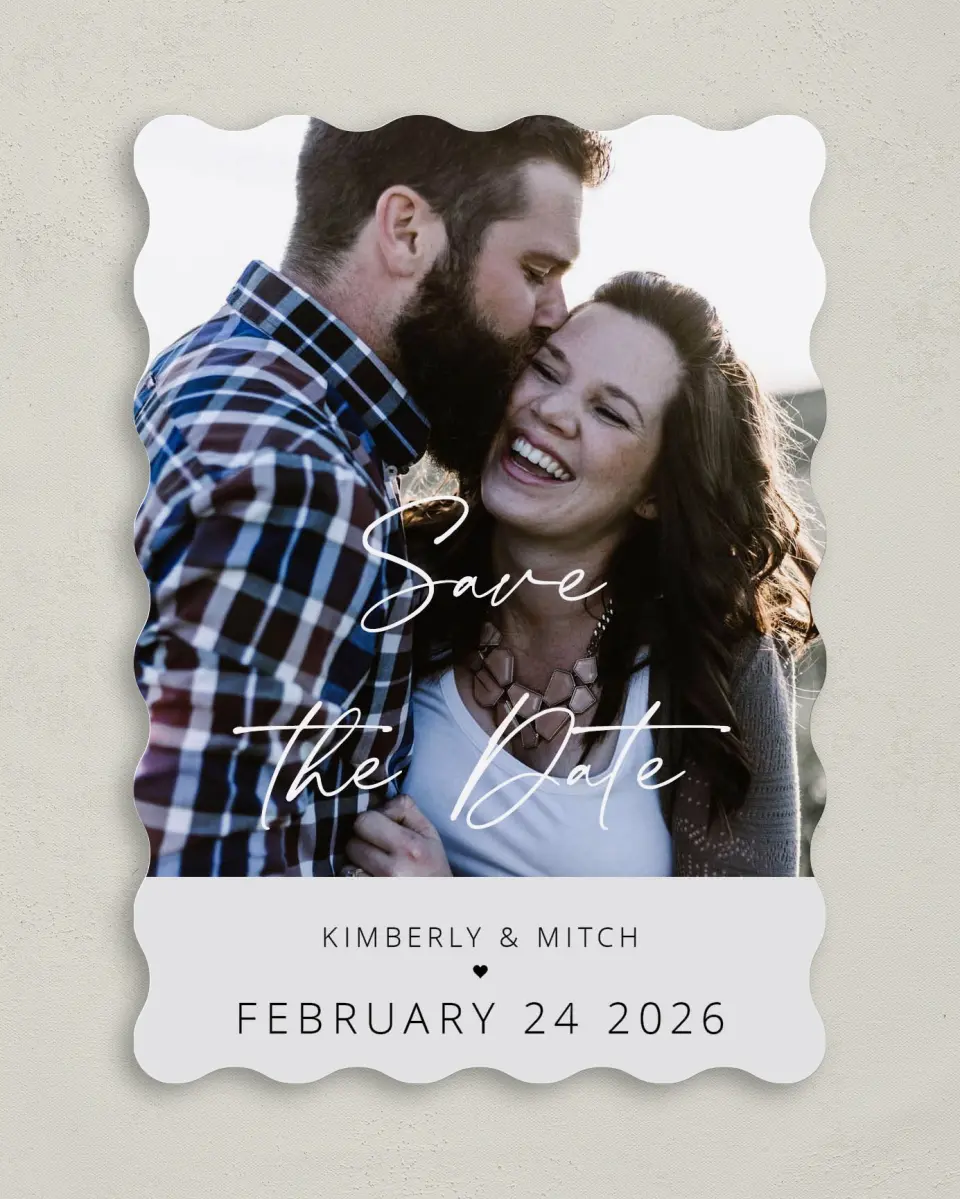 This is a 5" x 7" Save the Date Card called Harmonious Hearts printed in full color on Premium Smooth paper