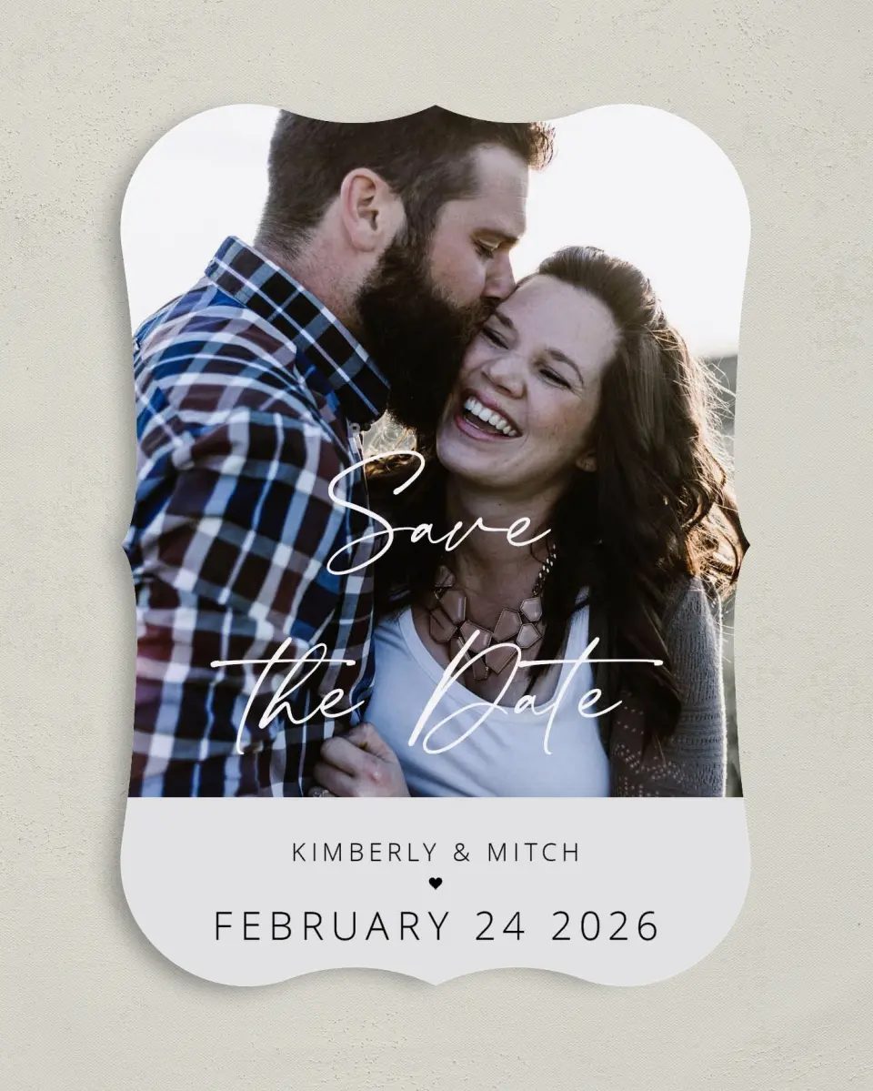 This is a 5" x 7" Save the Date Card called Harmonious Hearts printed in full color on Premium Smooth paper