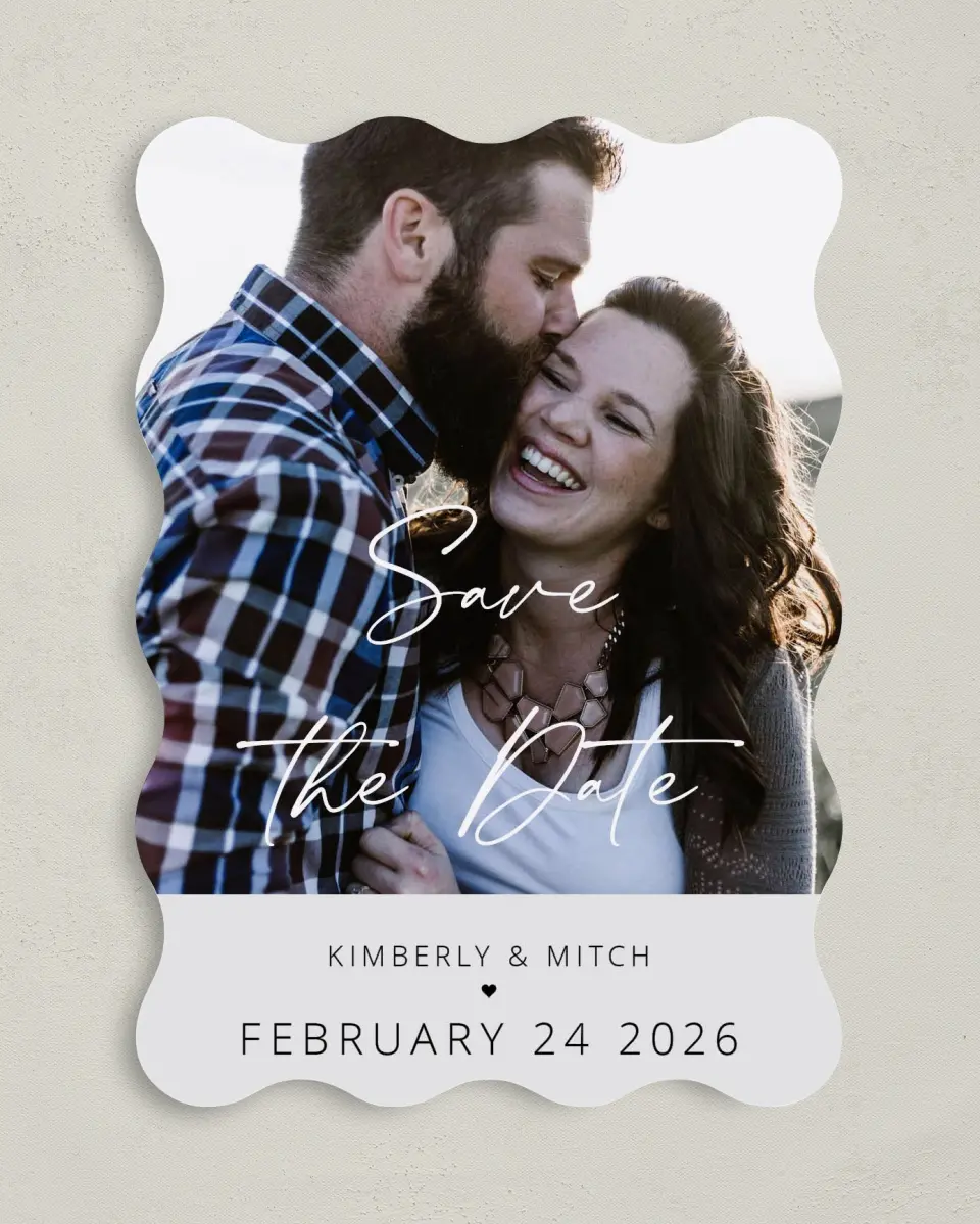 This is a 5" x 7" Save the Date Card called Harmonious Hearts printed in full color on Premium Smooth paper
