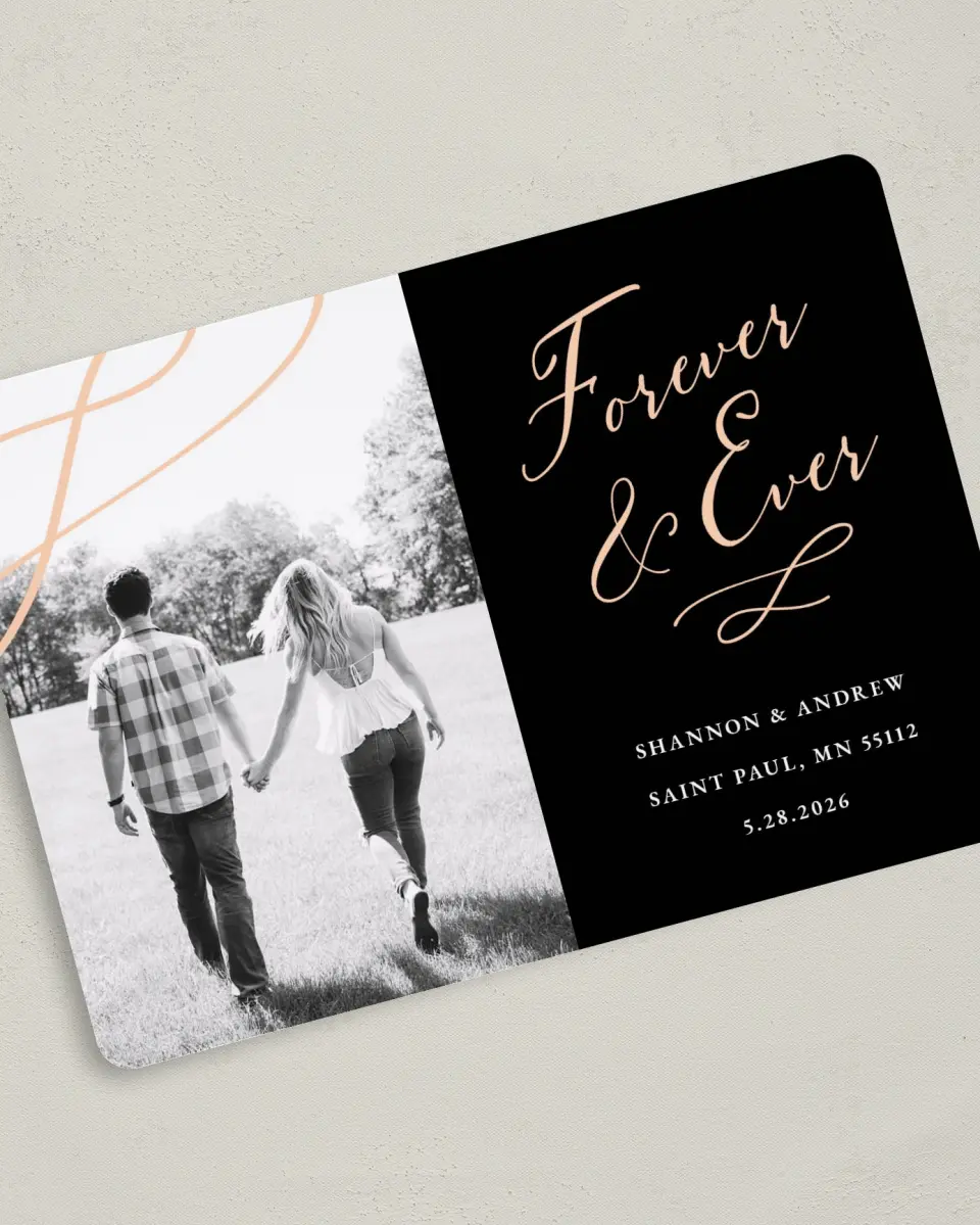 This is a 5" x 7" Save the Date Card called Modern Connection printed in full color on Premium Smooth paper