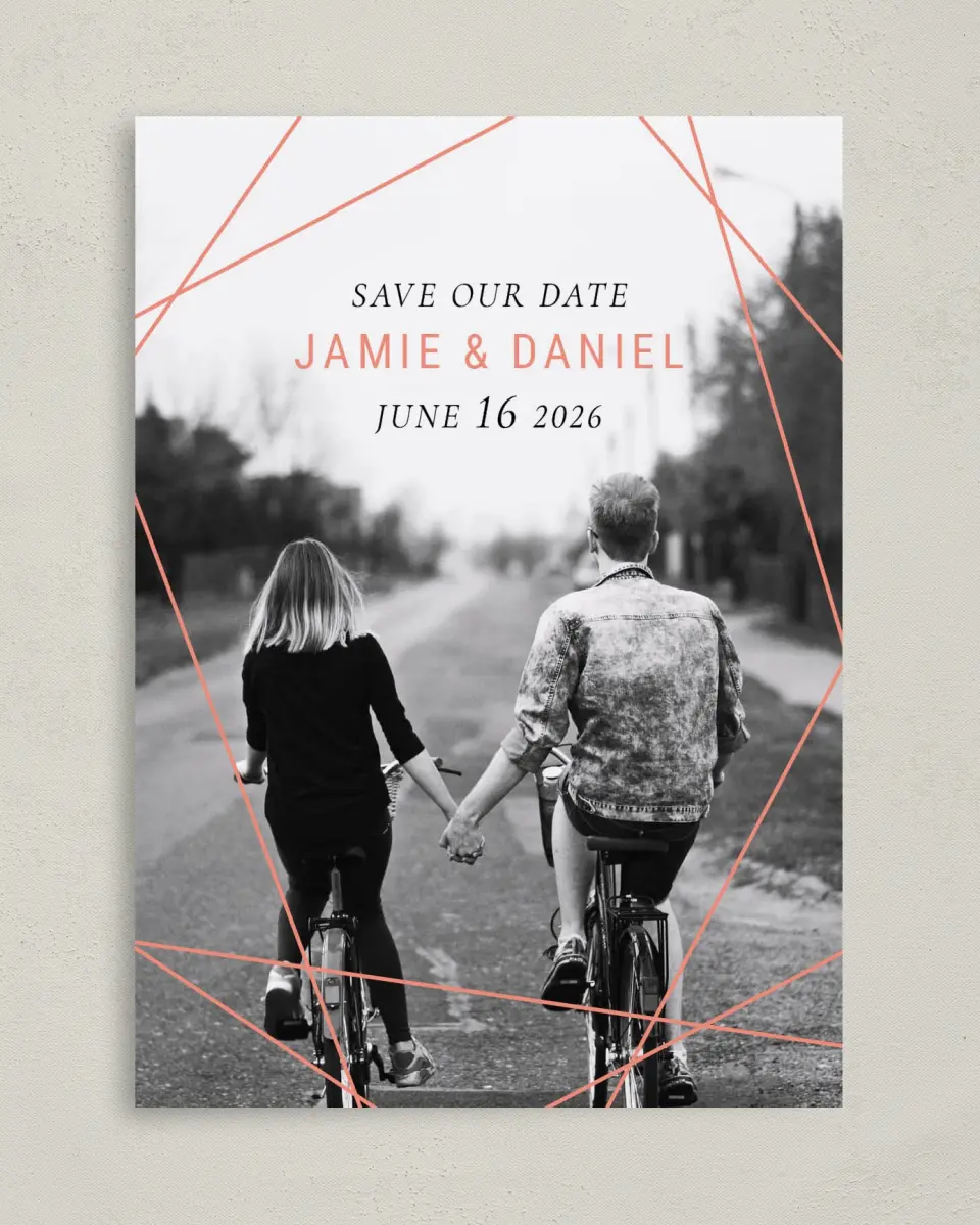 This is a 5" x 7" Save the Date Card called Starcrossed Love printed in full color on Premium Smooth paper