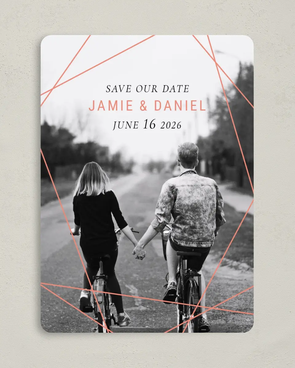 This is a 5" x 7" Save the Date Card called Starcrossed Love printed in full color on Premium Smooth paper