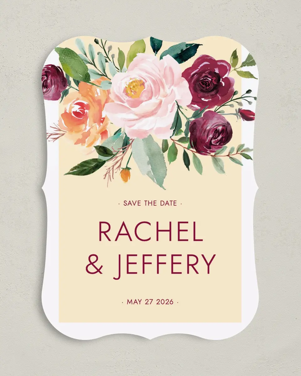 This is a 5" x 7" Save the Date Card called Country Florals printed in full color on Premium Smooth paper