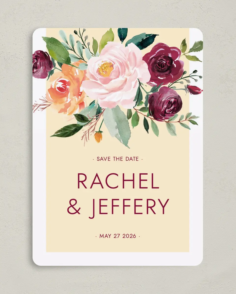 This is a 5" x 7" Save the Date Card called Country Florals printed in full color on Premium Smooth paper