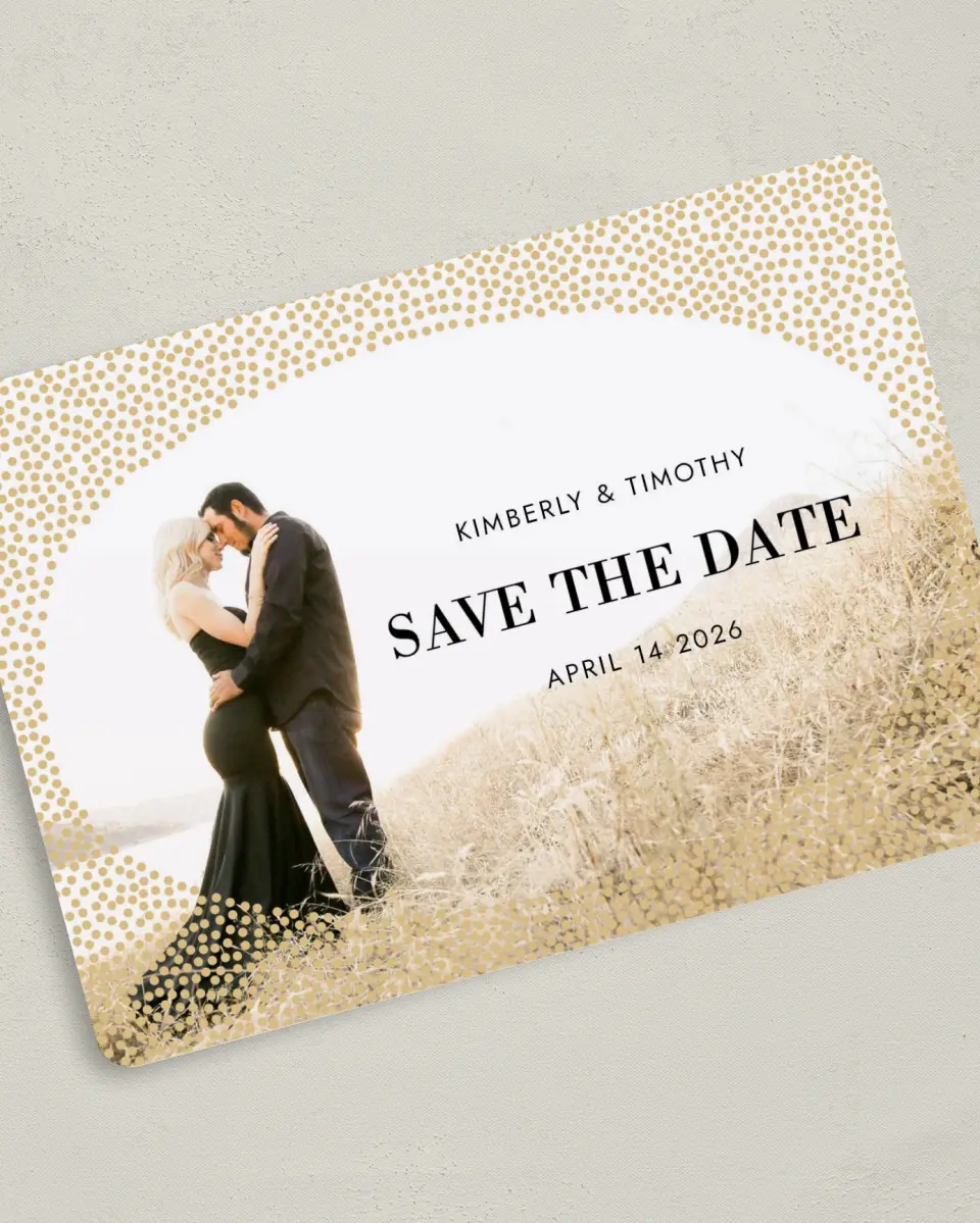This is a 5" x 7" Save the Date Card called Dreamy Dots printed in full color with Silver foil on Luxe Satin (coated) paper