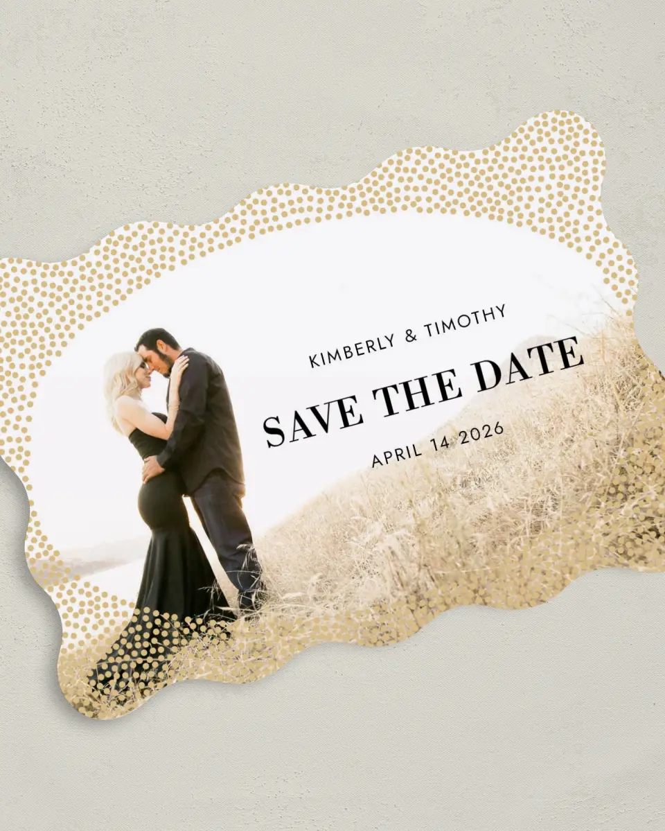 This is a 5" x 7" Save the Date Card called Dreamy Dots printed in full color on Premium Smooth paper