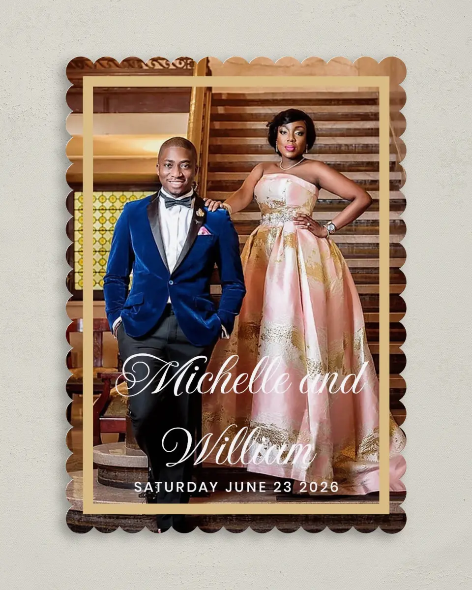 This is a 5" x 7" Save the Date Card called Gilded Opulence printed in full color with Silver foil on Luxe Satin (coated) paper