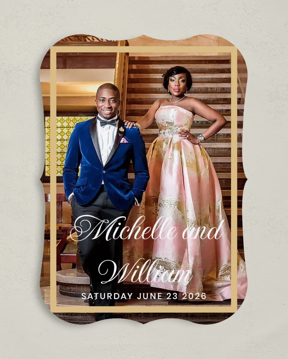This is a 5" x 7" Save the Date Card called Gilded Opulence printed in full color on Premium Smooth paper